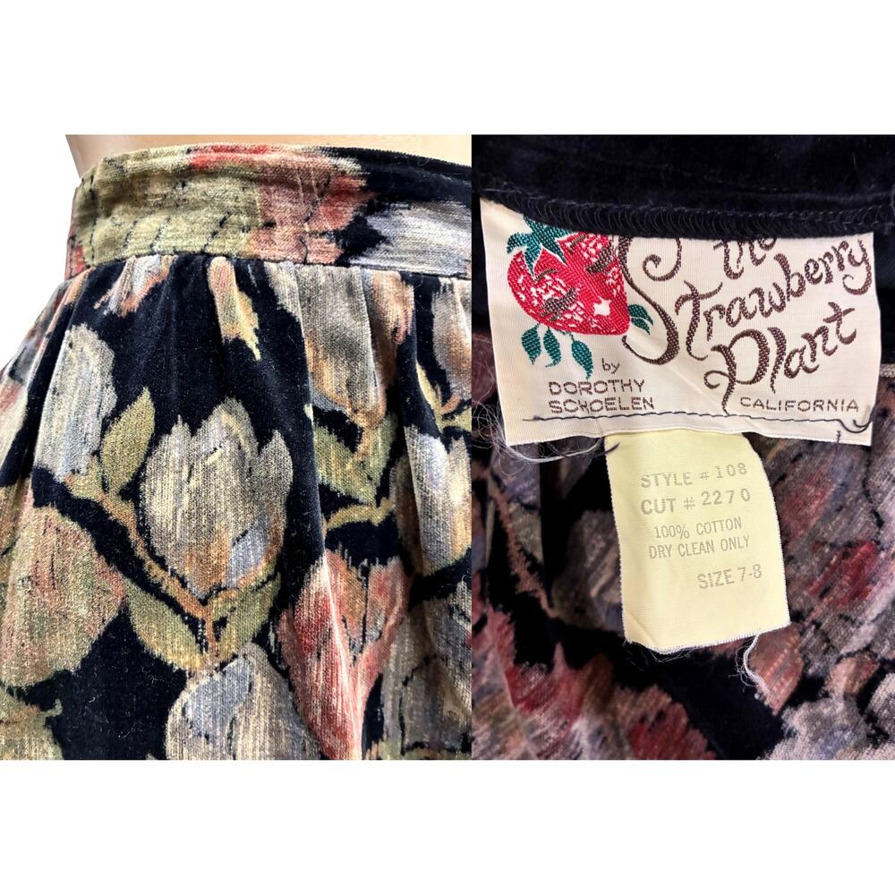 70s Strawberry Plant Velvet Floral Skirt Dorothy Schoelen Midi Ruffle Hem XS - Picture 4 of 8